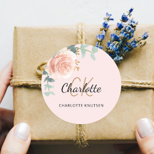 Sticker Rond Rose doré floral eucalyptus rose pâle merci