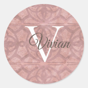 Sticker Rond Rose Dusky Avec Nom De Monogramme Blanc