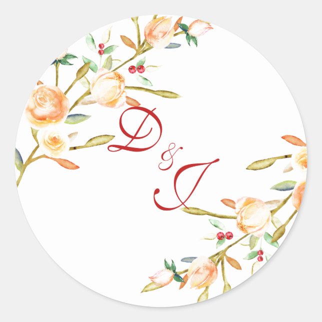 Sticker Rond Rose et Berry Mariage de tiges d'aquarelle (Devant)