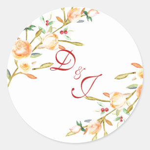 Sticker Rond Rose et Berry Mariage de tiges d'aquarelle