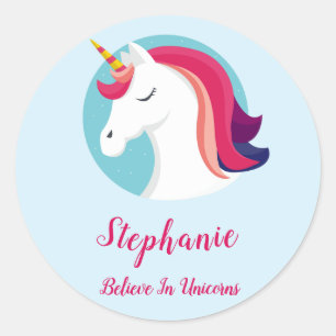 Sticker Rond Rose et licorne magique bleue - personnalisés