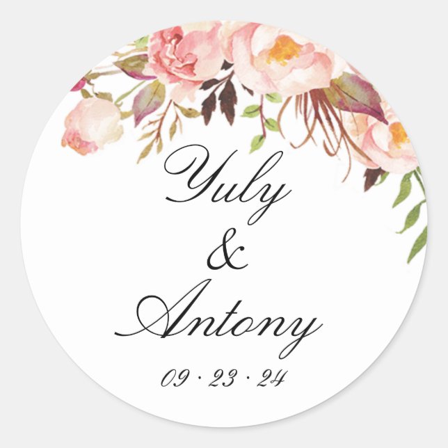 Sticker Rond Rose et Peach Moderne Mariage aquarelle (Devant)