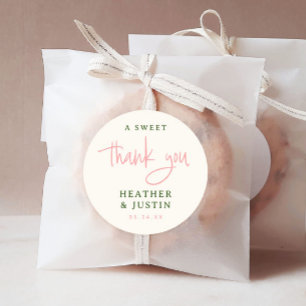Sticker Rond Rose et Vert Un doux Merci Cadeau de Mariage