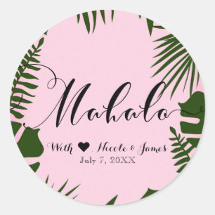 Sticker Rond Rose Feuilles Tropicales Vertes Mariage de Plage M