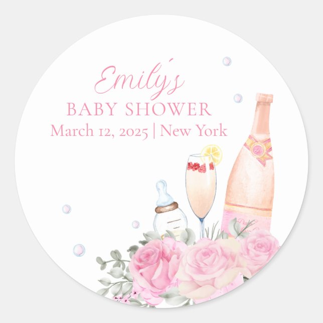 Sticker Rond Rose Fleur Poppin Champagne Bouteilles Baby shower (Devant)
