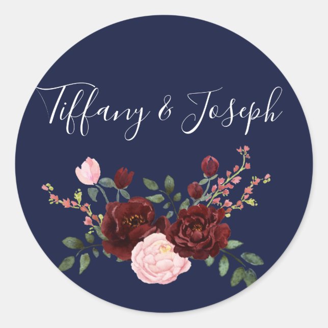 Sticker Rond Rose Floral  bleu bleu rose bordeaux Mariage (Devant)