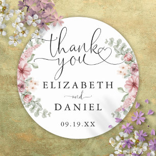 Sticker Rond Rose Floral Coeur Script Merci Mariage Faveur