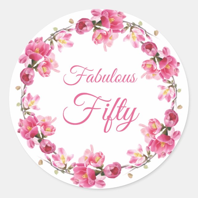 Sticker Rond Rose Floral Fabuleux 50 Anniversaire (Devant)