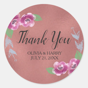 Sticker Rond Rose Floral Gold Wedding Favoriser Merci