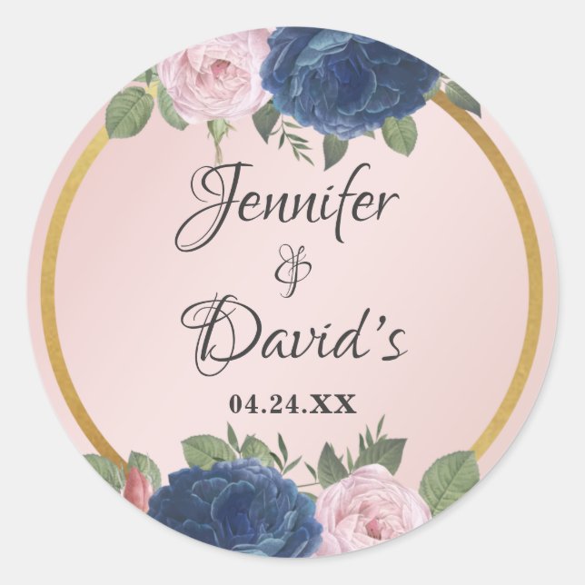Sticker Rond Rose Floral Marine bleu Blush rose Mariage or (Devant)