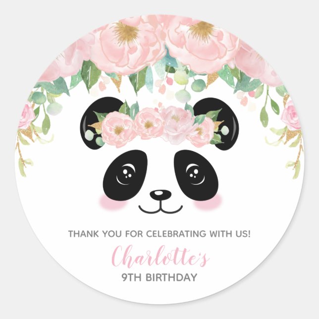 Sticker Rond Rose floral mignonne Panda Anniversaire Merci Favo (Devant)