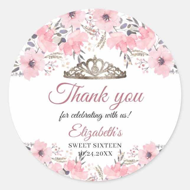 Sticker Rond Rose Floral Or Blush Merci rose Favoriser (Devant)