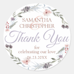 Sticker Rond Rose Floral violet Script Mariage Merci