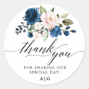 Sticker Rond Rose florale bleu marine blush aquarelle romantiqu