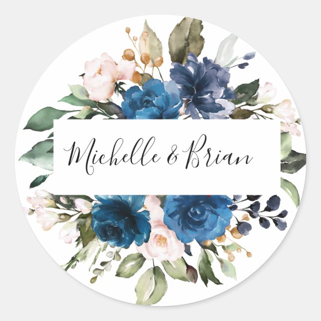 Sticker Rond Rose florale bleu marine et blush aquarelle romant (Devant)