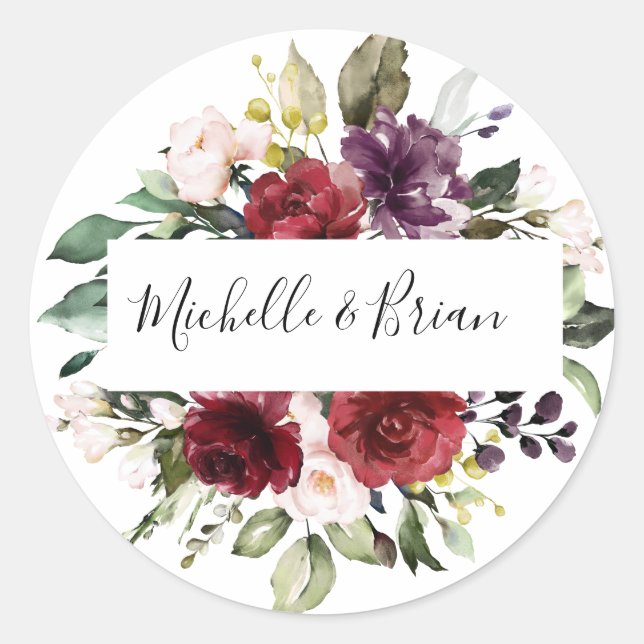 Sticker Rond Rose florale rouge burgundy blush aquarelle romant (Devant)