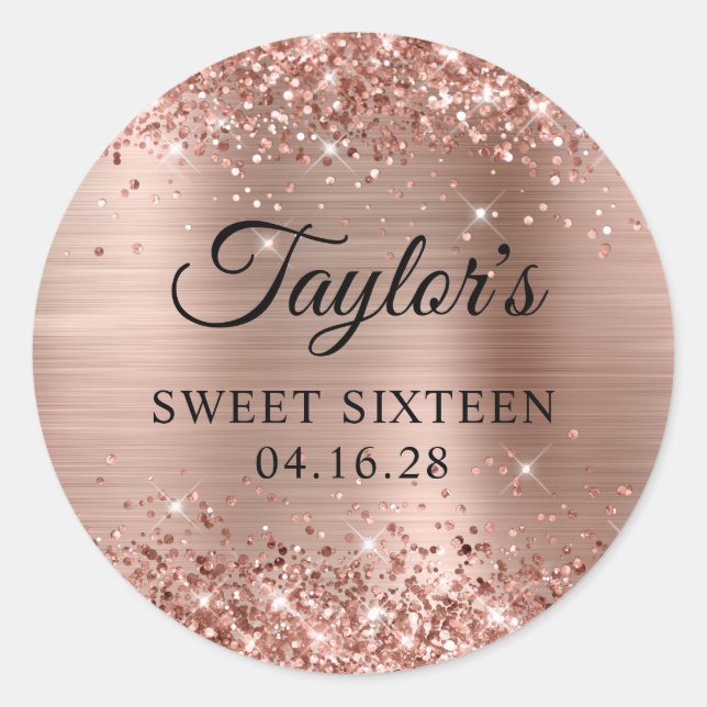 Sticker Rond Rose Glitter Sweet sixteen d'huile or Anniversaire (Devant)
