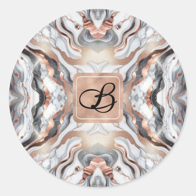 Sticker Rond Rose Gold Argent & Marbre Blanc Initiale Féminine  (Devant)