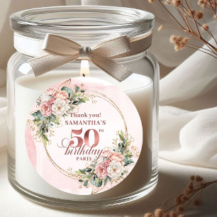 Sticker Rond Rose Gold Blush Floral Greenery 50e Anniversaire