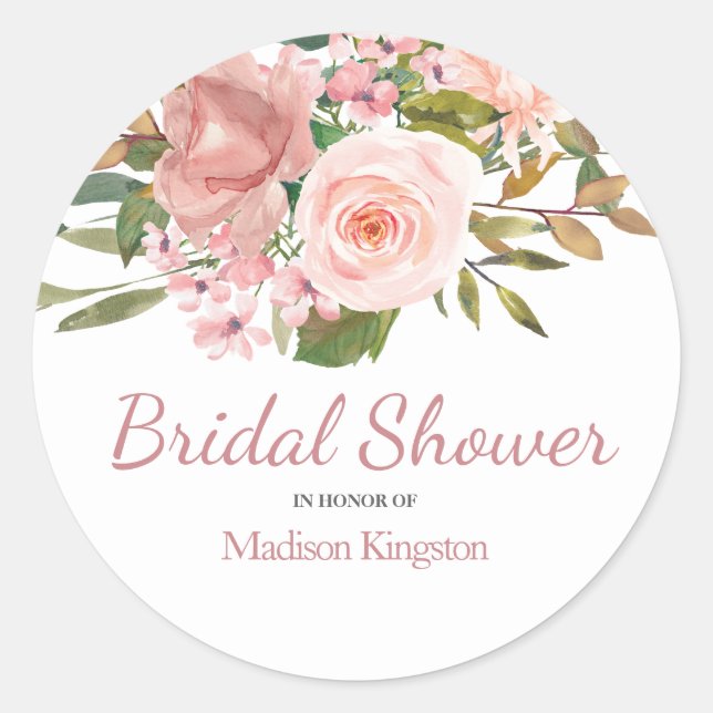 Sticker Rond Rose Gold & Blush Flowers Fête des mariées Favoris (Devant)