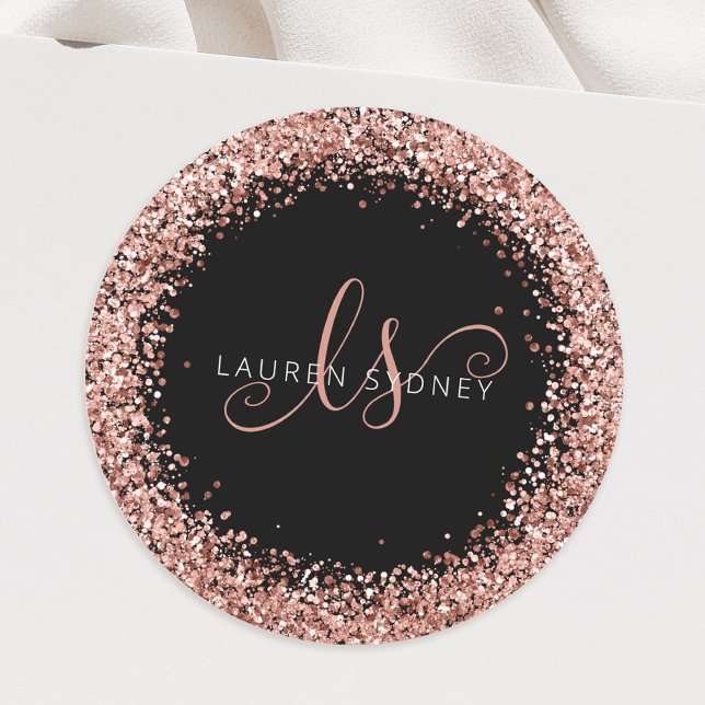 Sticker Rond Rose Gold Blush Pink Parties scintillant Glam Nom  (Créateur téléchargé)