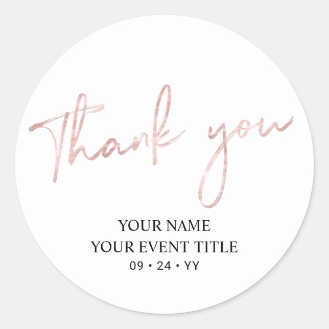 Sticker Rond Rose Gold Brush Script Anniversaire Merci de fête (Devant)