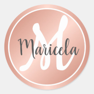 Sticker Rond Rose Gold Élégant Pastel Rose Monogramme Nom 