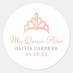 Sticker Rond Rose Gold Faux Foil Tiara Quinceañera