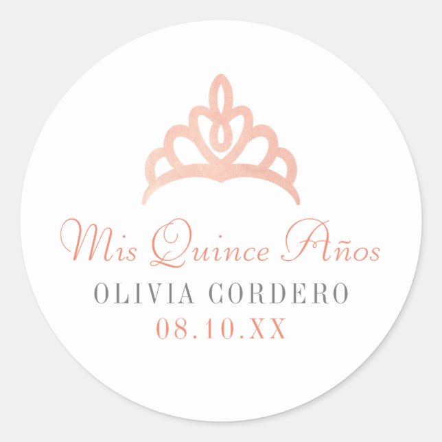 Sticker Rond Rose Gold Faux Foil Tiara Quinceañera (Devant)