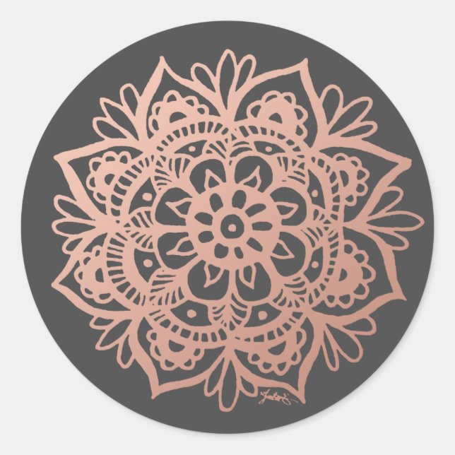 Sticker Rond Rose Gold Fleur de Mandala Rose sur Gris (Devant)