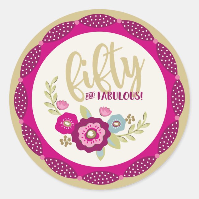Sticker Rond Rose Gold Floral Cinquante Fabuleux Anniversaire (Devant)