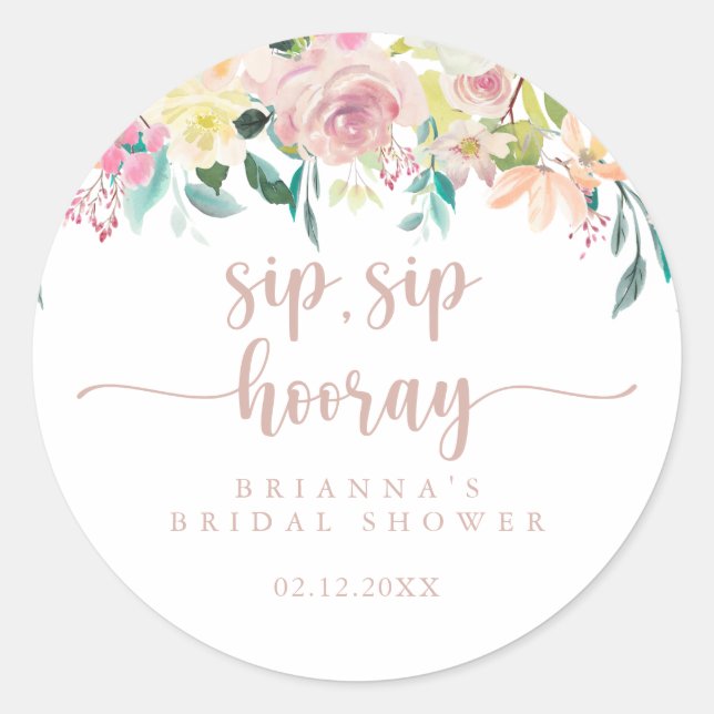 Sticker Rond Rose Gold Floral Sip Hooray Fête des mariées (Devant)