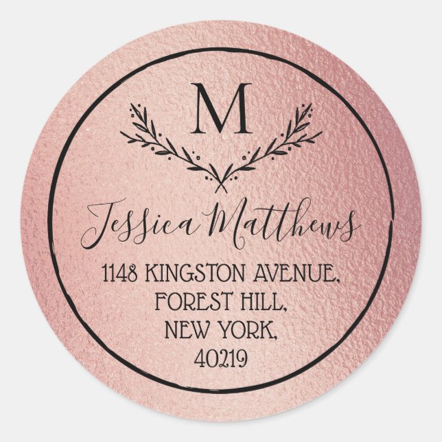 Sticker Rond Rose Gold Foil Wreath Monogramme Adresse de retour (Devant)