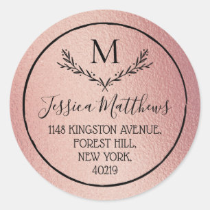 Sticker Rond Rose Gold Foil Wreath Monogramme Adresse de retour