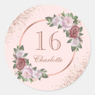 Sticker Rond Rose Gold Foncé Fleurs Rose Clair Anniversaire 16