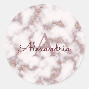 Sticker Rond Rose Gold Glittering Pink Marble Monogramme Nom