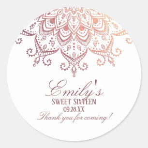 Sticker Rond Rose Gold Mandala Sweet 16 Merci