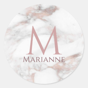 Sticker Rond Rose Gold Marbre Élégant Moderne Monogramme Person