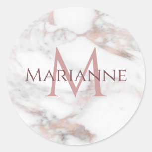 Sticker Rond Rose Gold Marbre Moderne Élégant Monogrammé