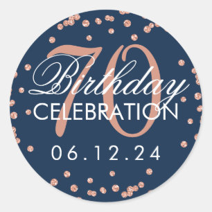 Sticker Rond Rose Gold Navy Blue 70th Birthday Parties scintill