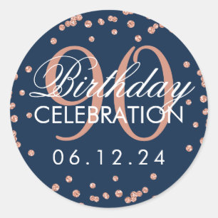 Sticker Rond Rose Gold Navy Blue 90e anniversaire Parties scint