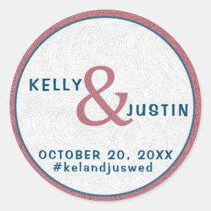 Sticker Rond Rose Gold Navy Blue Custom Wedding Date Hashtag