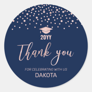 Sticker Rond Rose Gold & Navy Confetti Graduation Party Favoris