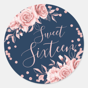 Sticker Rond Rose Gold Navy Sweet 16 Birthday Floral Parties sc