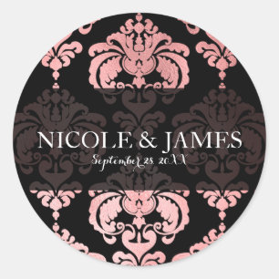 Sticker Rond Rose Gold Noir Damassé Mariage Vintage Cadeau de R
