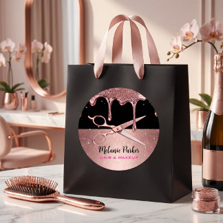 Sticker Rond Rose Gold Pailleté Drip Coiffeur & Ciseaux