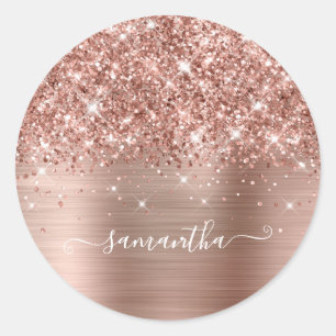 Sticker Rond Rose Gold Pailleté Féminin Calligraphie de Signatu