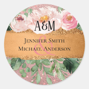 Sticker Rond Rose Gold Pailleté Floral Feuille D'aluminium Mari