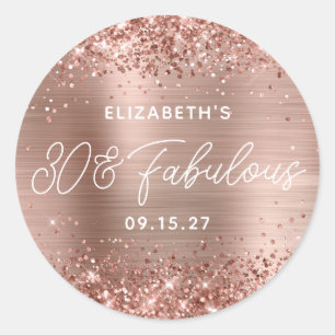 Sticker Rond Rose Gold Pailleté Glam Moderne Script 30 & Fabule