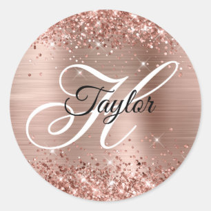 Sticker Rond Rose Gold Pailleté Monogramme Fantaisie